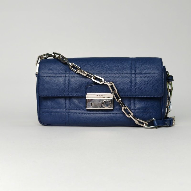 PRADA 藍色牛皮老款十字紋斜挎包肩背包-0