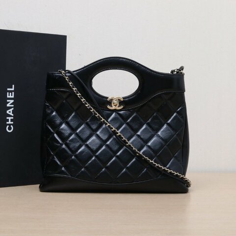 CHANEL 31Bag小號方版30黑色羊皮晶片開金扣肩背包