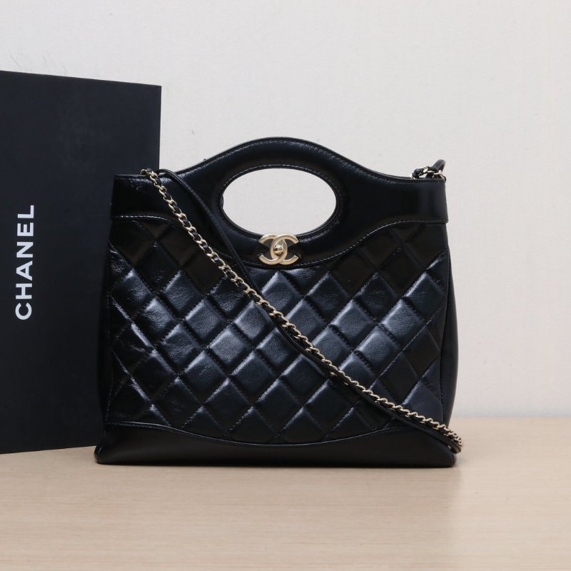 CHANEL 31Bag小號方版30黑色羊皮晶片開金扣肩背包-0