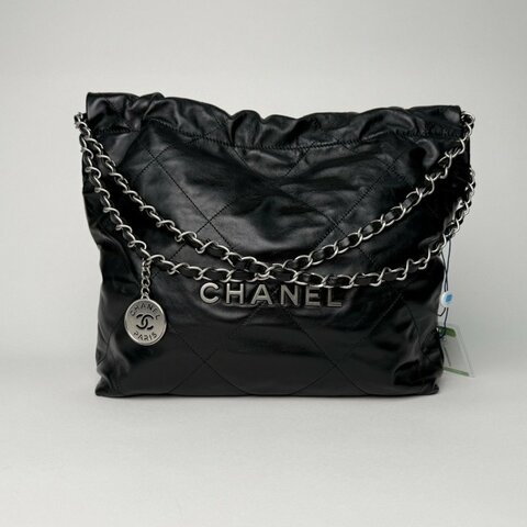 CHANEL 22BagTote托特包小號30黑色牛皮晶片開銀扣肩背包