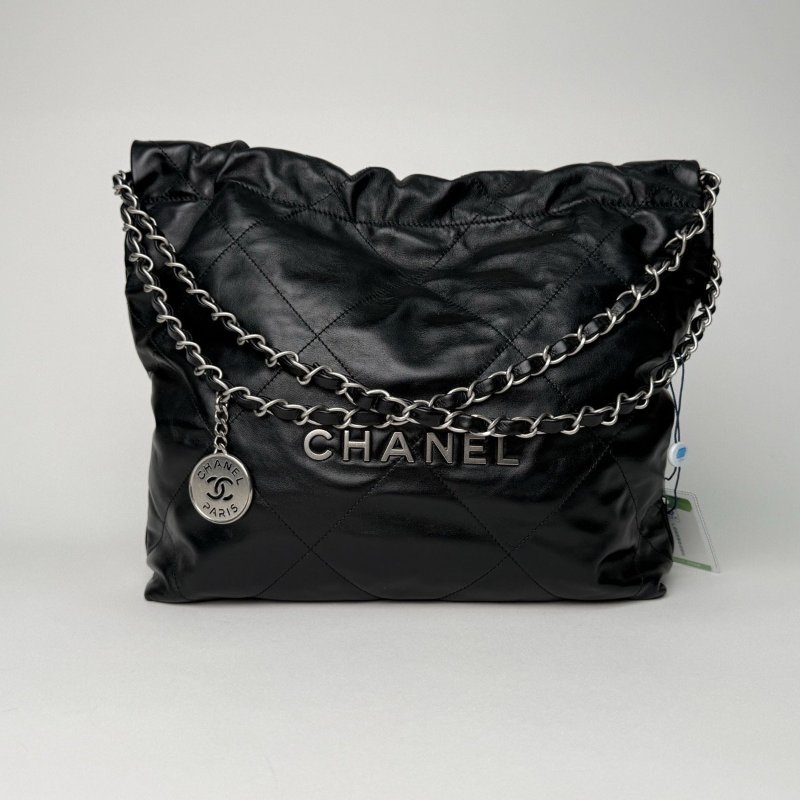 CHANEL 22BagTote托特包小號30黑色牛皮晶片開銀扣肩背包-0