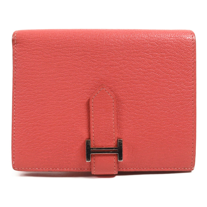 HERMES Chevre皮革Bearn Compact Wallet銀扣錢包Rose Azalee-0