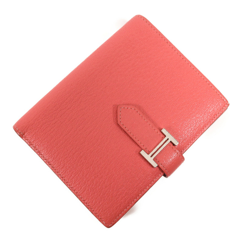HERMES Chevre皮革Bearn Compact Wallet銀扣錢包Rose Azalee-1