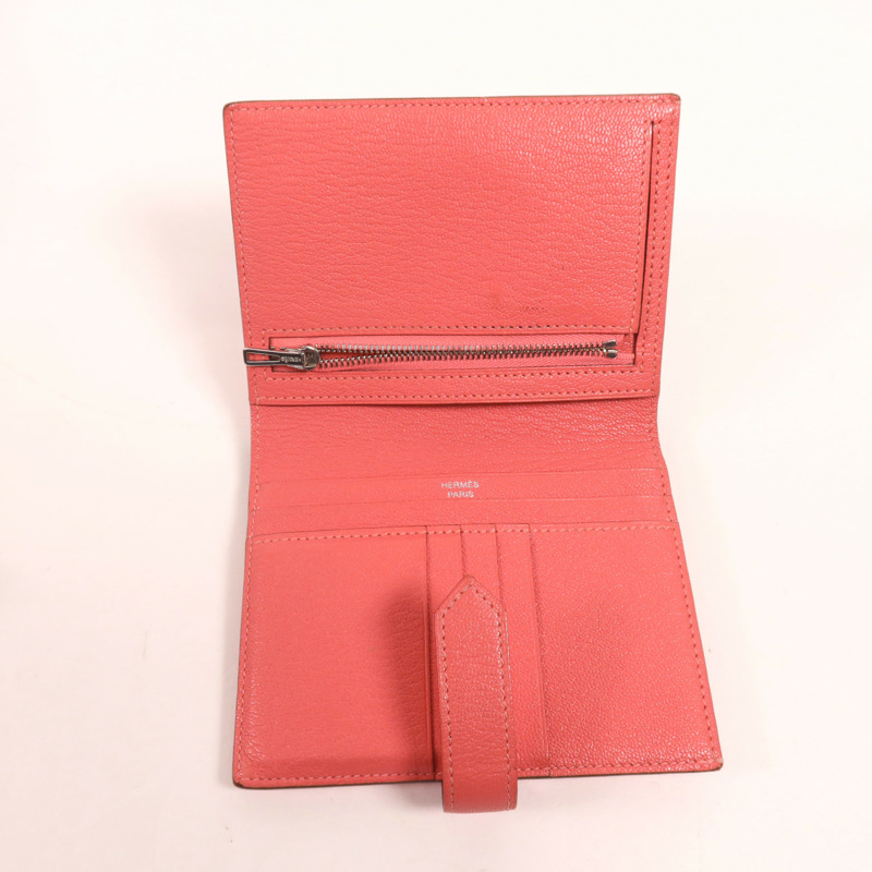 HERMES Chevre皮革Bearn Compact Wallet銀扣錢包Rose Azalee-4
