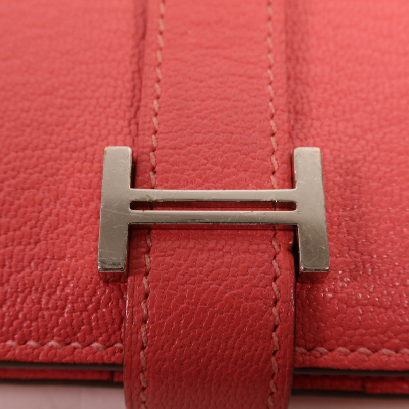 HERMES Chevre皮革Bearn Compact Wallet銀扣錢包Rose Azalee-8