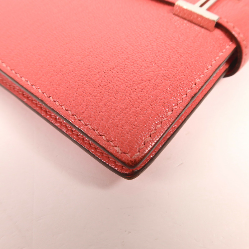 HERMES Chevre皮革Bearn Compact Wallet銀扣錢包Rose Azalee-10