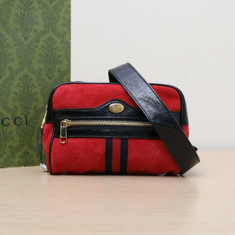 GUCCI 紅色麂皮金扣Ophidia腰包前拉鏈肩背包