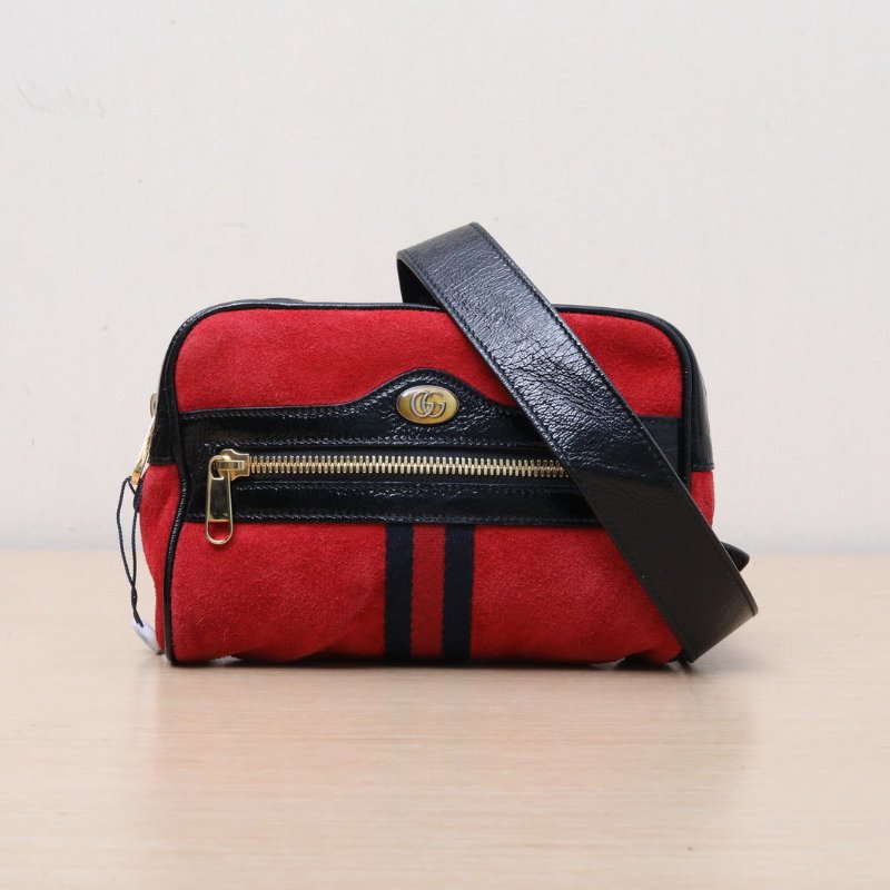 GUCCI 紅色麂皮金扣Ophidia腰包前拉鏈肩背包-1