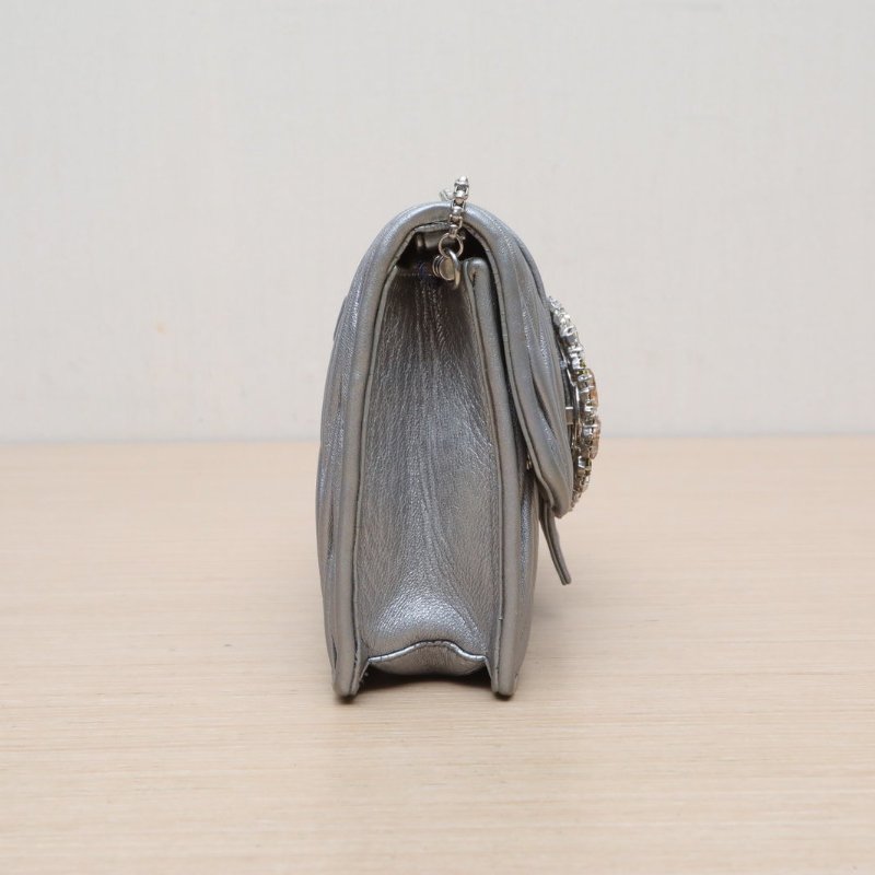 MIU MIU 銀色羊皮太陽花水鑽裝飾鏈條包肩背包-3