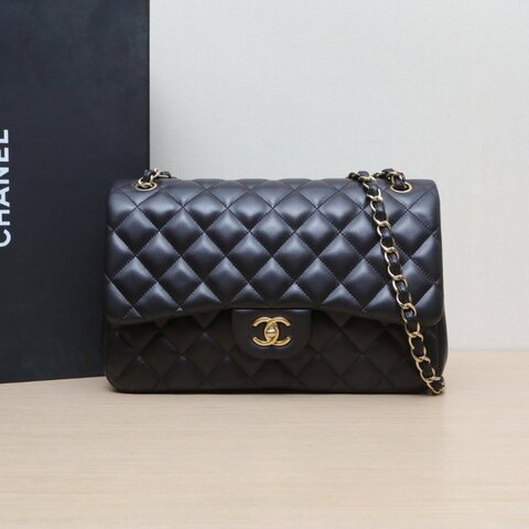 CHANEL CF口蓋包JUMBO30黑色羊皮15開金扣肩背包