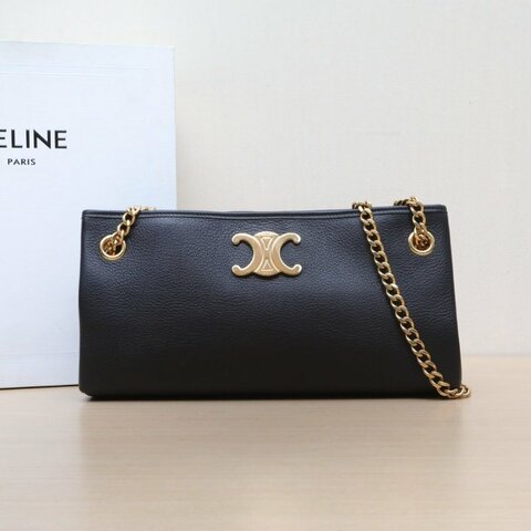 CELINE 黑色牛皮金扣CelineNewspaperbag凱旋門鏈條包肩背包