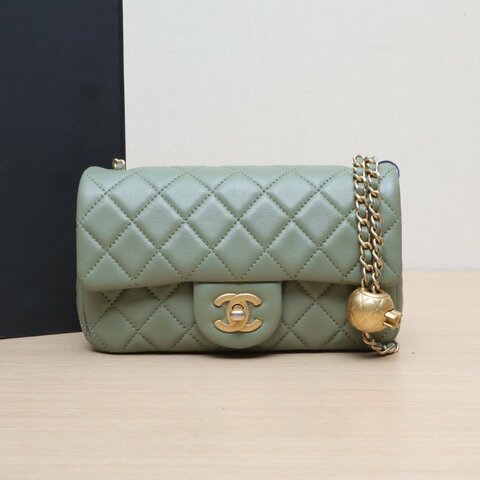 CHANEL CF口蓋包大Mini20綠色羊皮晶片開金扣金球調節扣肩帶肩背包