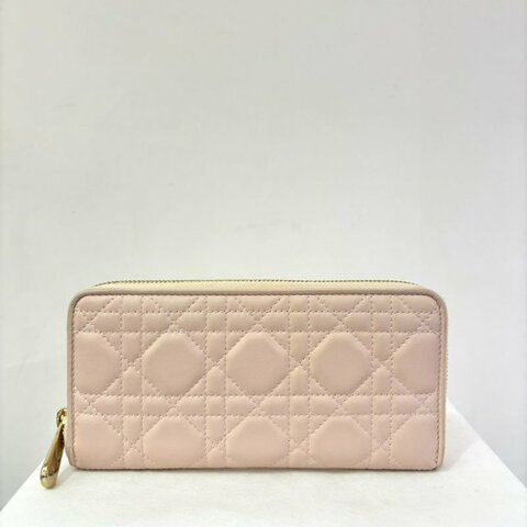 DIOR粉色小牛皮拉鍊長夾