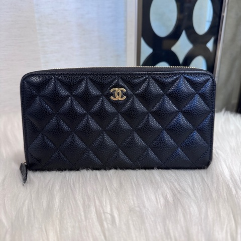 Chanel 黑金荔枝皮拉鏈長夾 全新離櫃商品