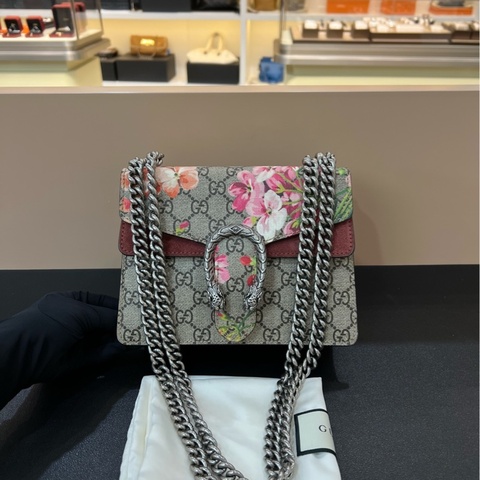 98新Gucci古馳Dionysus系列酒神花卉紅色小號麂皮鏈條包手提單肩斜挎包