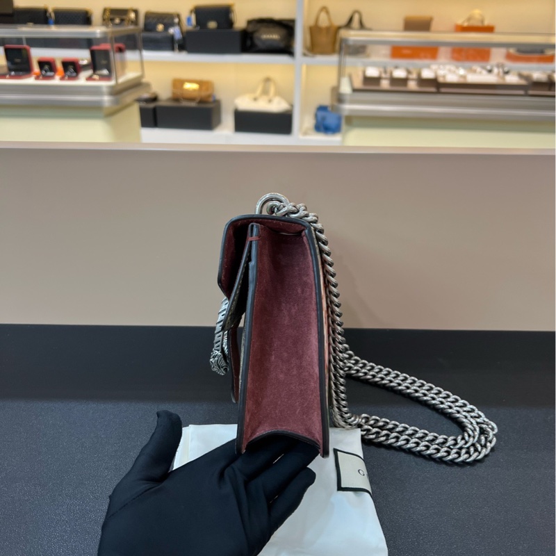 98新Gucci古馳Dionysus系列酒神花卉紅色小號麂皮鏈條包手提單肩斜挎包-3