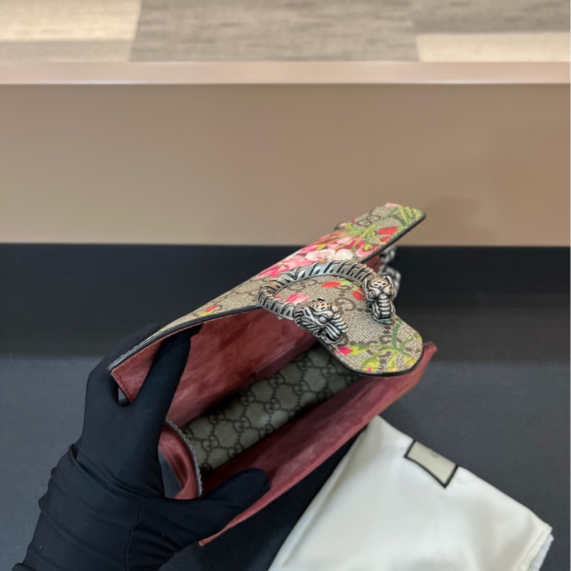 98新Gucci古馳Dionysus系列酒神花卉紅色小號麂皮鏈條包手提單肩斜挎包-6