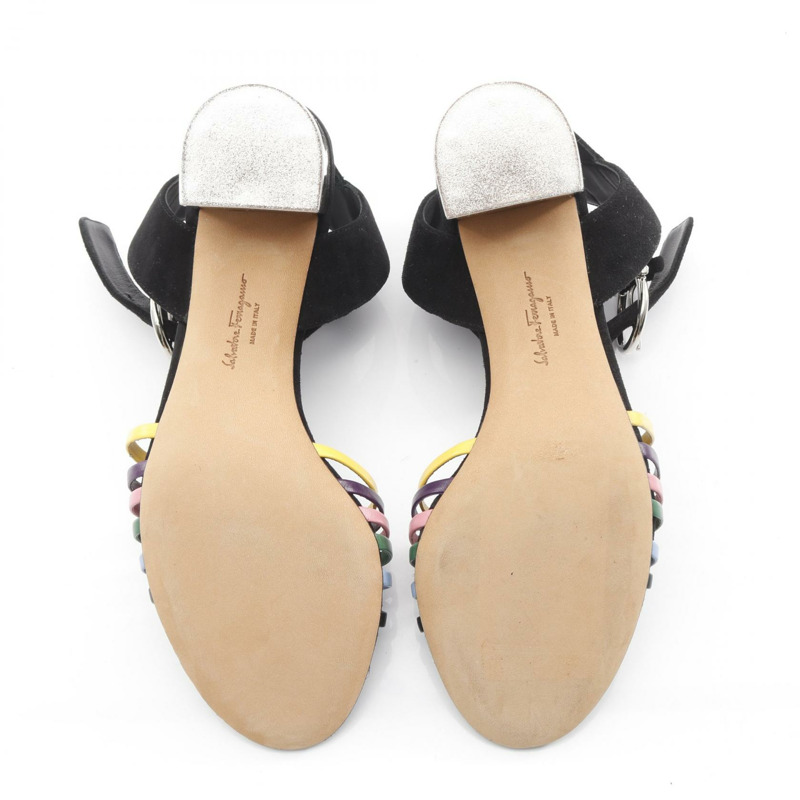 Salvatore Ferragamo 女士麂皮涼鞋，黑色多色，5.5碼，二手。-3