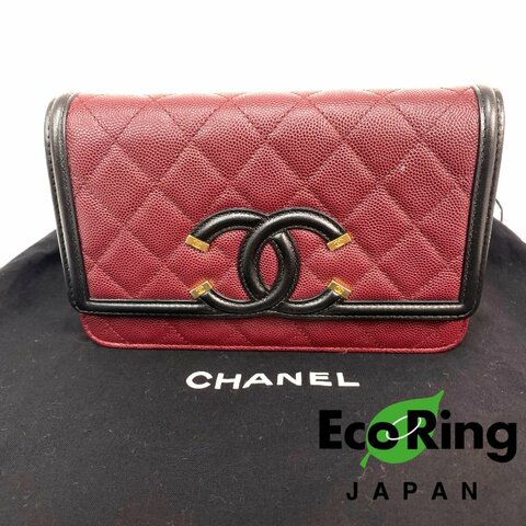 △ Chanel 香奈兒 Wine Red Caviar Skin Gold Tone Metal Filigree Chain Wallet On Chain A84551 No.28 酒紅色粒紋小牛皮金色金屬鎖鏈銀包No.28 - 257021256