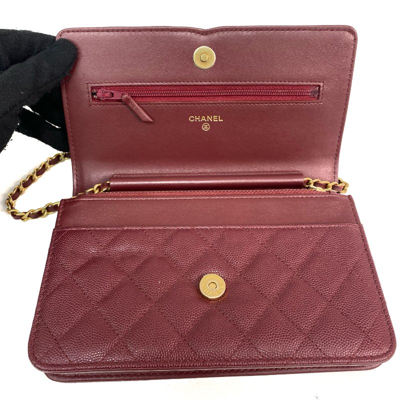 △ Chanel 香奈兒 Wine Red Caviar Skin Gold Tone Metal Filigree Chain Wallet On Chain A84551 No.28 酒紅色粒紋小牛皮金色金屬鎖鏈銀包No.28 - 257021256-13