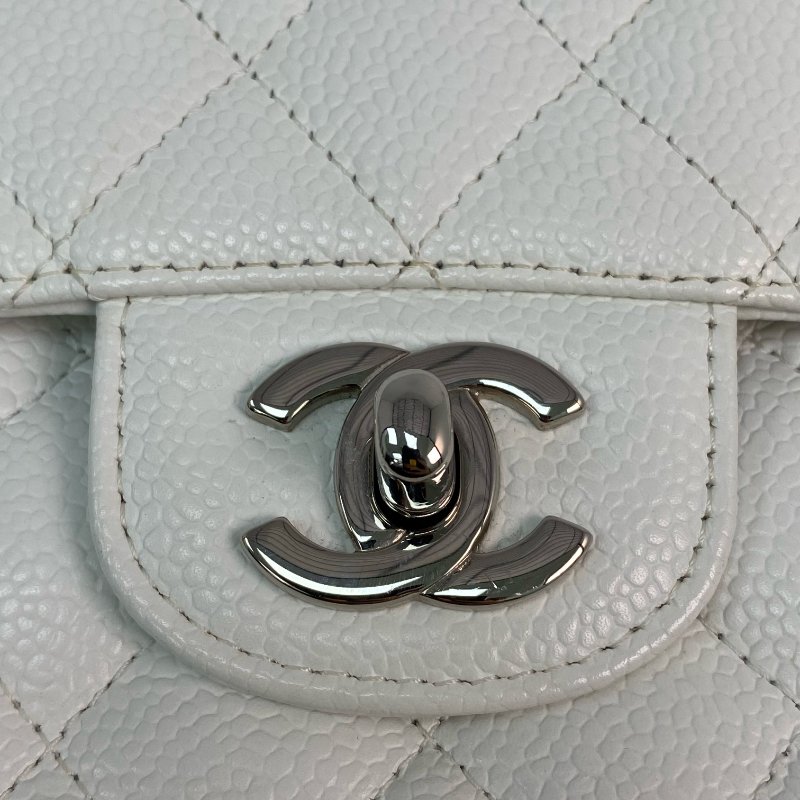 △ Chanel 香奈兒 CF25 White Caviar Skin Silver Tone Metal Double Flap Chain Shoulder Bag A01112 No.11 白色粒紋小牛皮銀色金屬鎖鏈肩背袋No.11 - 257021259-11