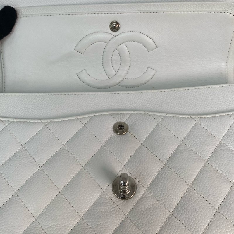 △ Chanel 香奈兒 CF25 White Caviar Skin Silver Tone Metal Double Flap Chain Shoulder Bag A01112 No.11 白色粒紋小牛皮銀色金屬鎖鏈肩背袋No.11 - 257021259-13