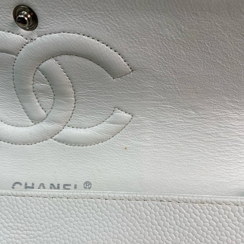 △ Chanel 香奈兒 CF25 White Caviar Skin Silver Tone Metal Double Flap Chain Shoulder Bag A01112 No.11 白色粒紋小牛皮銀色金屬鎖鏈肩背袋No.11 - 257021259-19