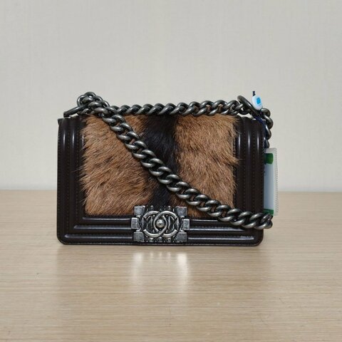 CHANEL Leboy小號20.5棕色馬毛18開銀扣肩背包