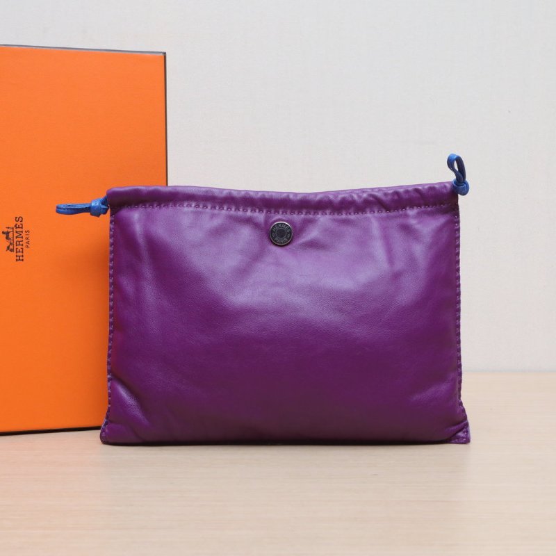 HERMES 71法國藍P9海葵紫Swift皮羊皮U刻銀扣PILO手拿包拼/肩背包-0