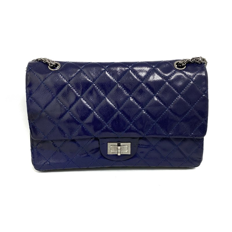 △ Chanel 香奈兒 2.55 Navy Patent Leather Gray Tone Metal Double Flap Chain Shoulder Bag No.20 深藍色漆皮灰色金屬鏈條肩背袋 No.20 -257022153-1