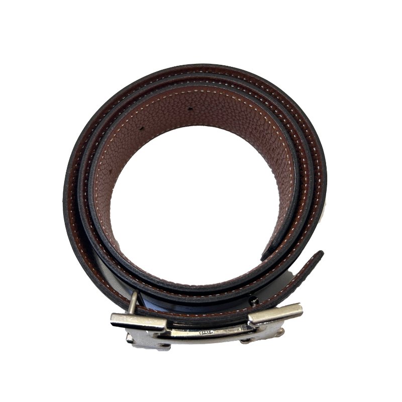 HERMES黑駝H扣70公分雙面皮帶-1