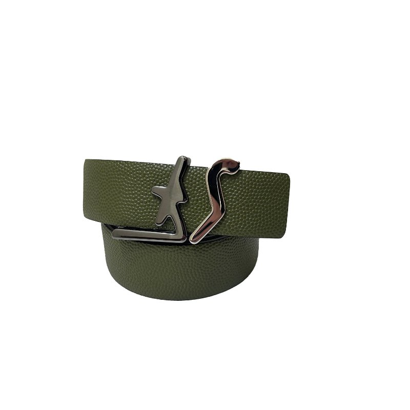 FERRAGAMO綠色荔枝皮銀扣Logo皮帶-0