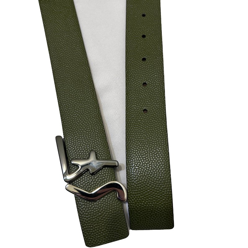 FERRAGAMO綠色荔枝皮銀扣Logo皮帶-3