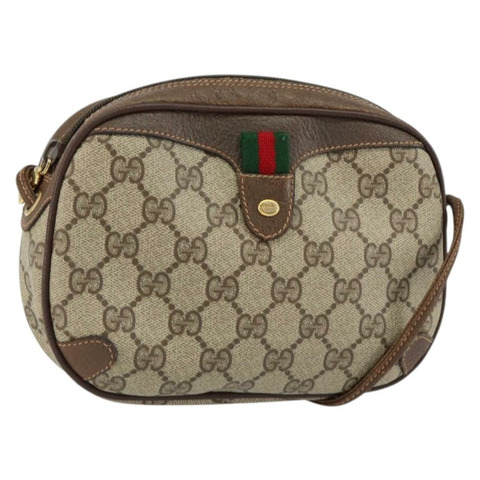 GUCCI GG Supreme Web Sherry Line 手拿包 PVC 米色 金色 89 02 066 正品 148159