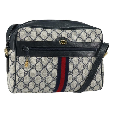 GUCCI GG Supreme Sherry Line 單肩包 PVC 海軍藍 金色 正品 148163