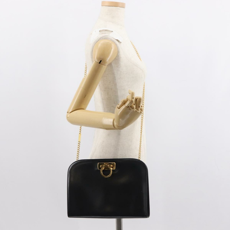 【日本直送】Salvatore Ferragamo Gancini 鏈條肩背包，黑色皮革，金色，正品，貨號 148176-20