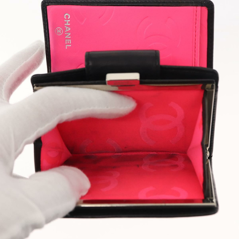 【日本直送】香奈兒 Matelasse Cambon 系列錢包 小牛皮 黑色 銀色 CC 標誌 Auth 148445-10