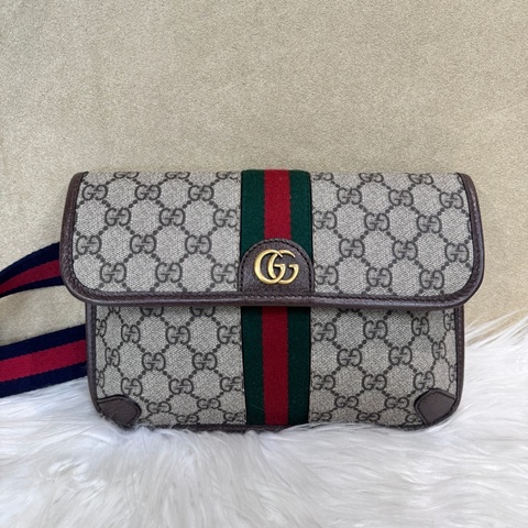 Gucci PVC咖牛皮霧金釦下蓋磁吸胸腰包