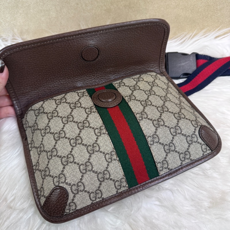 Gucci PVC咖牛皮霧金釦下蓋磁吸胸腰包-5