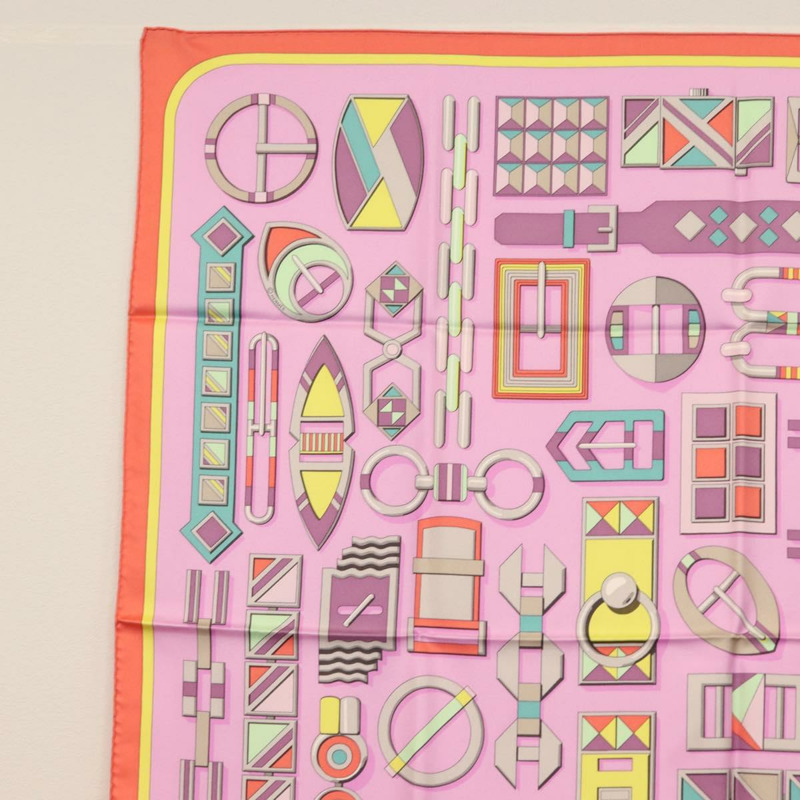 【日本直送】愛馬仕 Carre 90 絲巾 “EN BOUCLES” 粉紅色真絲 Auth 148481-1