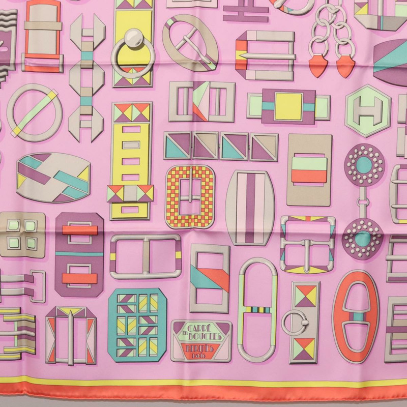 【日本直送】愛馬仕 Carre 90 絲巾 “EN BOUCLES” 粉紅色真絲 Auth 148481-8