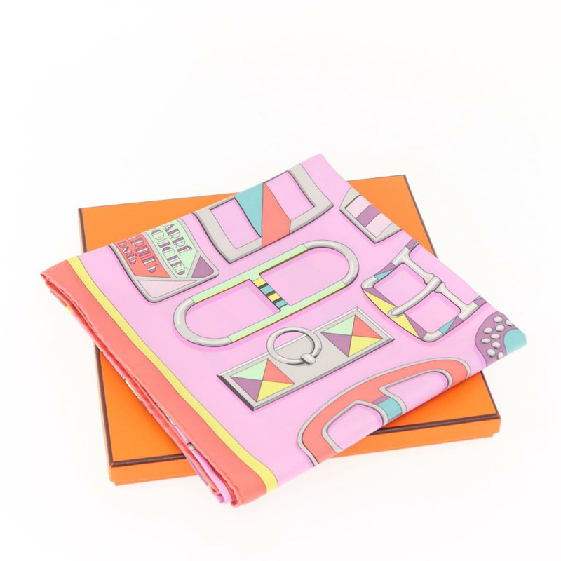 【日本直送】愛馬仕 Carre 90 絲巾 “EN BOUCLES” 粉紅色真絲 Auth 148481-11