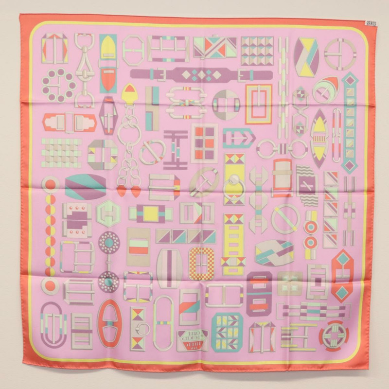 【日本直送】愛馬仕 Carre 90 絲巾 “EN BOUCLES” 粉紅色真絲 Auth 148481-14