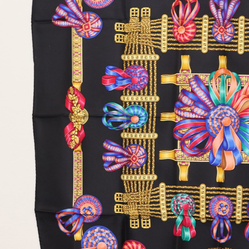 【日本直送】HERMES Carre 90 圍巾「LES RUBANS DU CHEVAL」絲綢黑色正品 148964-4