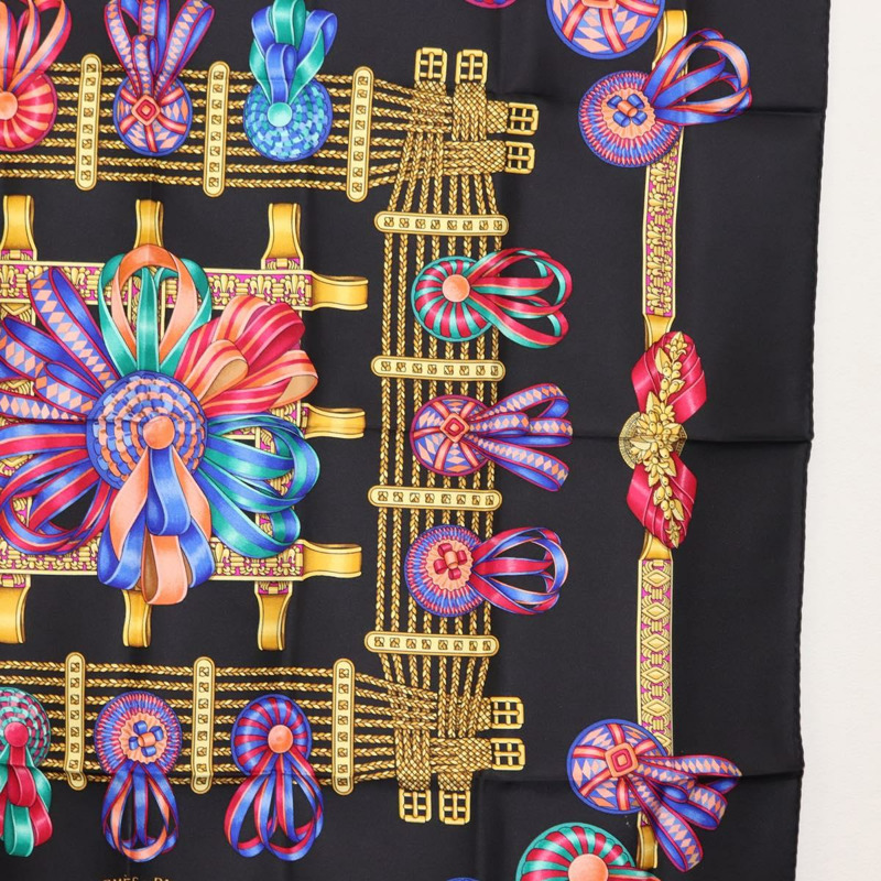 【日本直送】HERMES Carre 90 圍巾「LES RUBANS DU CHEVAL」絲綢黑色正品 148964-6