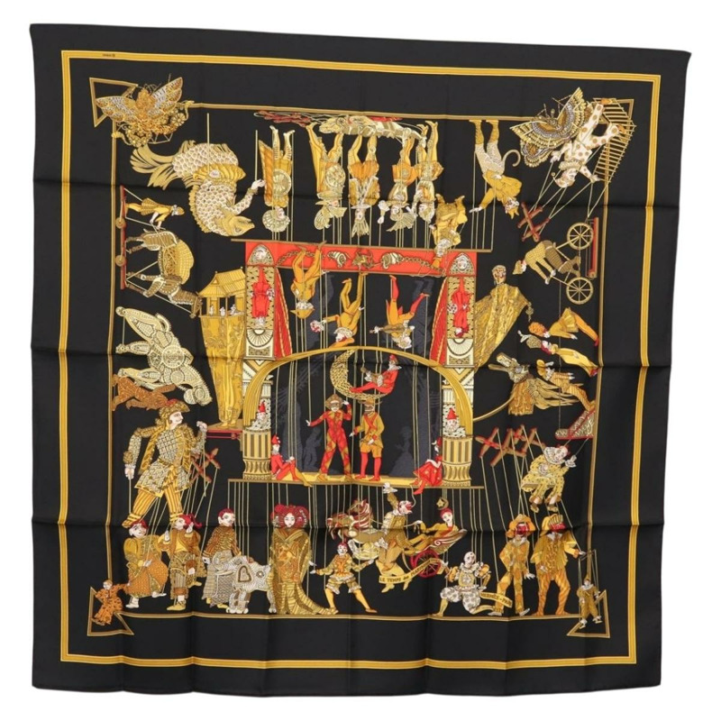 【日本直送】HERMES Carre 90 圍巾「LE TEMPS des MARIONNETTES」絲綢黑色正品 148961-0