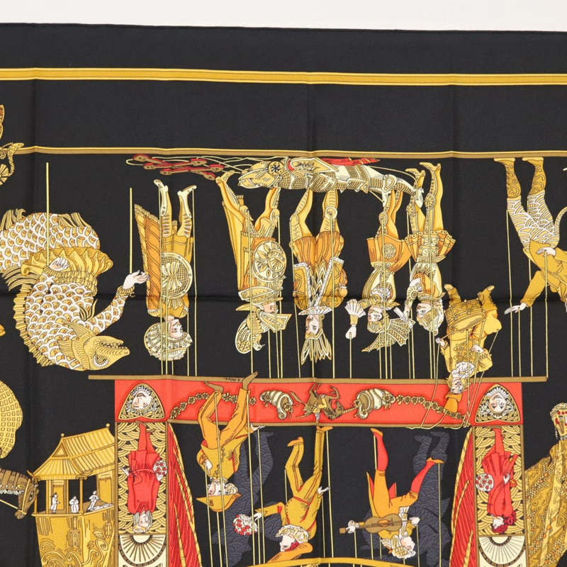 【日本直送】HERMES Carre 90 圍巾「LE TEMPS des MARIONNETTES」絲綢黑色正品 148961-2