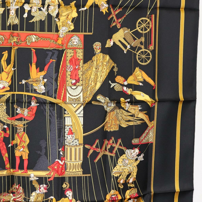 【日本直送】HERMES Carre 90 圍巾「LE TEMPS des MARIONNETTES」絲綢黑色正品 148961-6