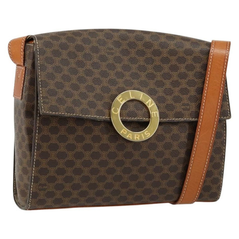 CELINE Macadam帆布圓形肩背包 PVC皮革 棕色 金色 正品 148897