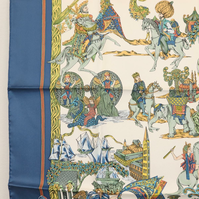 【日本直送】HERMES Carre 90 圍巾「Au FIL de La SOIE」絲綢藍色正品 147568-4